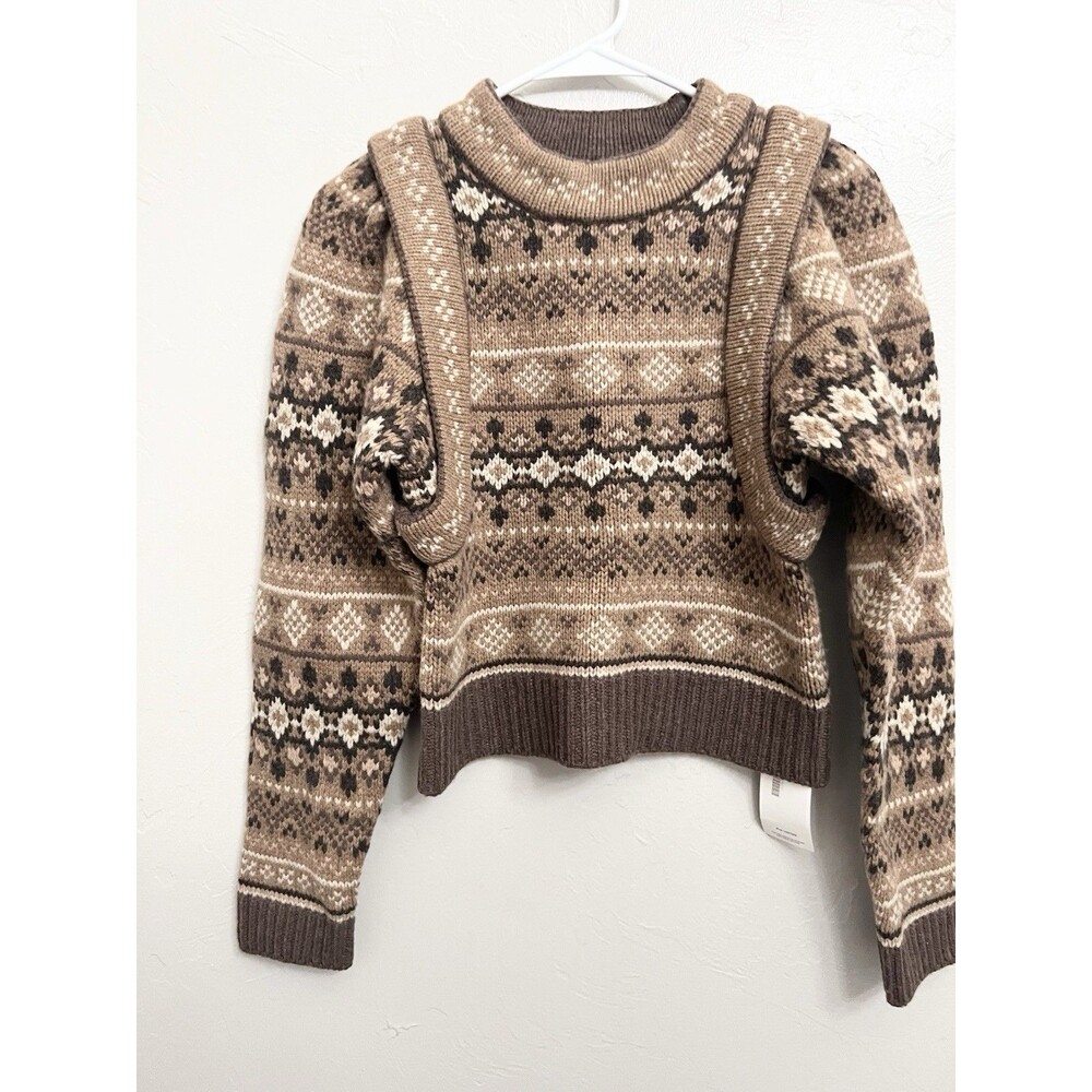 SEA NEW YORK Brown 100% Wool Fair Isle Knit Long Sleeve Sweater Finja sz Small - Picture 3 of 11